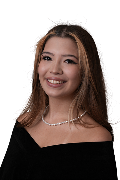 A senior formal portrait, shown as shot on the gray screen and again with a new background. Before: as shot.