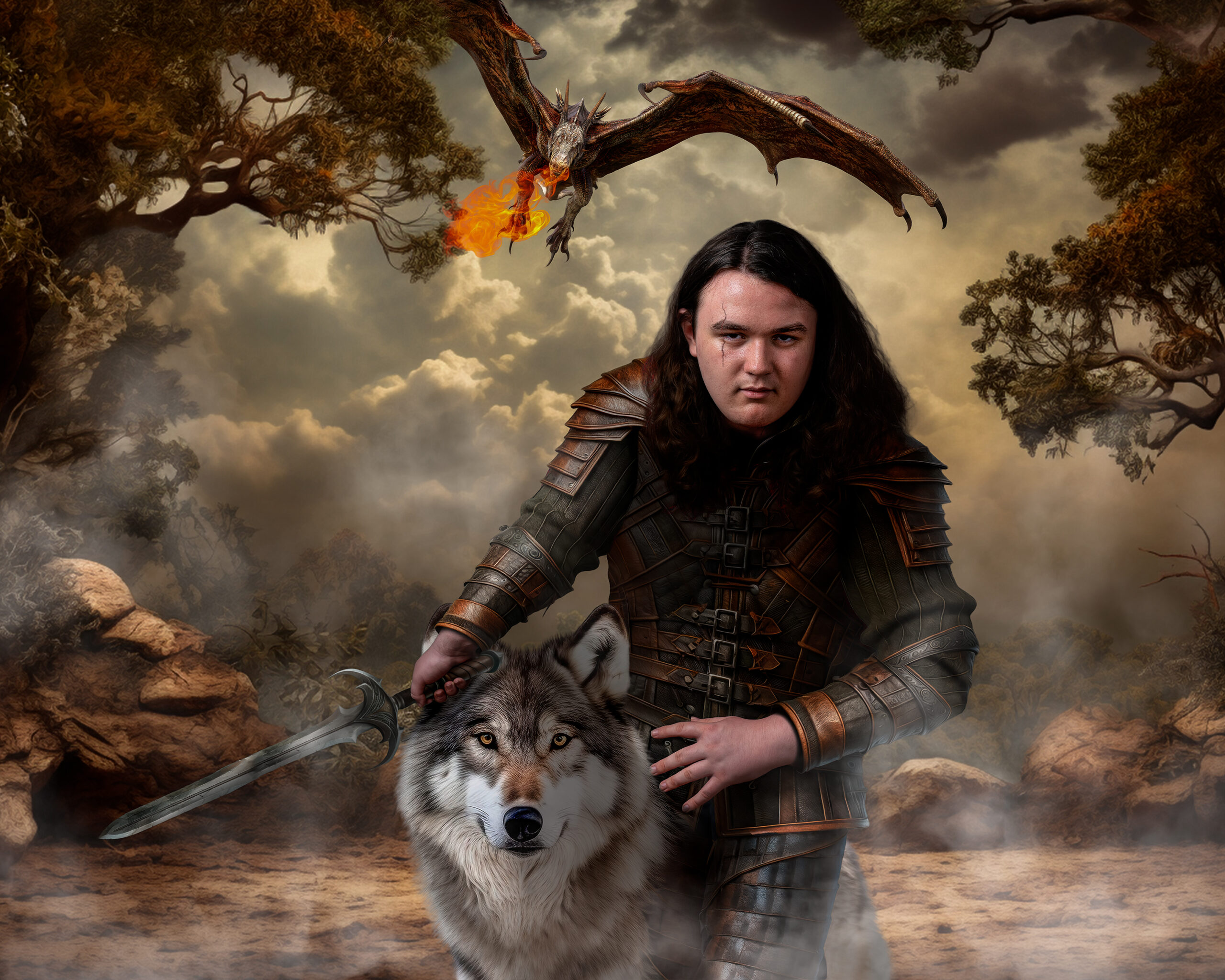 The same senior finished as a fantasy composite -- standing in armor beside a wolf, with a dragon overhead.
