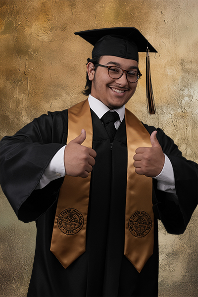 A senior cap-and-gown portrait, shown as shot on the gray screen and again with a new background. After: new background.