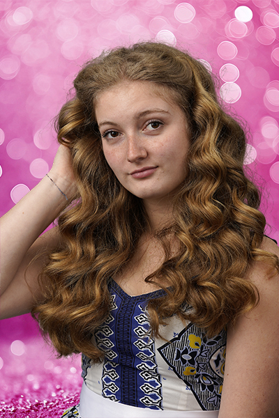A senior casual portrait, shown as shot on the gray screen and again with a new background. After: new background.